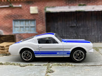 Matchbox 1965 Ford Mustang GT (Fastback) in White and Blue, loose diecast car
