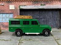 Matchbox 1965 Land Rover Gen II Safari Green - rear angle view showing tampo details