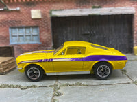 Matchbox 1968 Ford Mustang Cobra Jet 428 Yellow and Purple - rear angle view showing tampo details