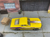 Matchbox 1968 Ford Mustang Cobra Jet 428 Yellow and Purple loose diecast - side profile detail shot