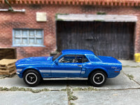 Matchbox 1968 Ford Mustang GT SC California Special Blue and White - rear angle view showing tampo details