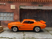 Matchbox 1970 Pontiac GTO Orange The Judge - rear angle view showing tampo details