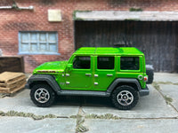 Matchbox 2018 Jeep Wrangler JL 4 Door Green - rear angle view showing tampo details