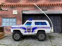 Matchbox 4X4 Chevy Blazer Matchbox Police White and Blue - rear angle view showing tampo details