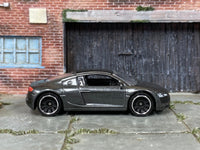 Matchbox Audi R8 Dark Gray - rear angle view showing tampo details