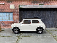 Matchbox Austin Mini Cooper White and Black - rear angle view showing tampo details