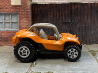 Matchbox Baja Bandit Dune Buggy Orange and Silver - rear angle view showing tampo details