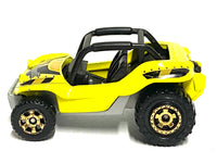 Matchbox Baja Bandit Dune Buggy Yellow and Black - rear angle view showing tampo details