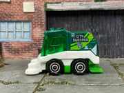 Matchbox City Sweeper Green and White - rear angle view showing tampo details