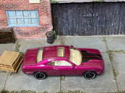 Matchbox Dodge Challenger Purple and Black - rear angle view showing tampo details