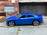 Matchbox 2018 Dodge Charger Blue - rear angle view showing tampo details