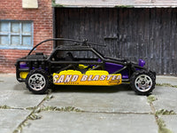 Matchbox Dune Buggy Purple and Yellow - rear angle view showing tampo details