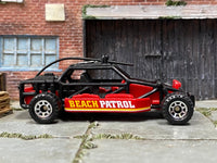 Matchbox Dune Buggy Red and Black Beach Patrol - rear angle view showing tampo details