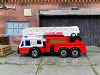 Matchbox Fire Engine Fire Truck Red and White Cleveland - rear angle view showing tampo details