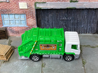 Matchbox Garbage King Trash Truck Green and White loose diecast - side profile detail shot