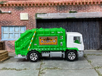 Matchbox Garbage King Trash Truck Green and White - rear angle view showing tampo details