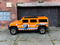 Matchbox Hummer H2 SUV Concept Orange Ocean Rescue - rear angle view showing tampo details