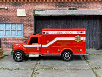 Matchbox International Ambulance Red El Segundo - rear angle view showing tampo details