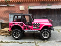 Matchbox Jeep CJ-7 4X4 Pink Cool Mud - rear angle view showing tampo details