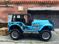 Matchbox Jeep CJ-7 4X4 Blue Cool Mud - rear angle view showing tampo details