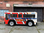 Matchbox MBX City Transport City Bus White and Red Pop Art - rear angle view showing tampo details
