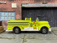 Matchbox Seagrave Fire Engine Fire Truck Neon Green - rear angle view showing tampo details