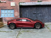 Matchbox Tesla Roadster Satin Dark Red - rear angle view showing tampo details