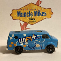 Blue Matchbox '75 Chevrolet Van with WiFi Repair graphics, view 2