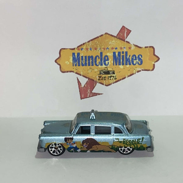 Blue 2003 Matchbox Checker Cab with Lion and Boy To The Rescue graphics, view 2