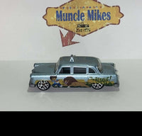 Blue 2003 Matchbox Checker Cab with Lion and Boy To The Rescue graphics, view 1