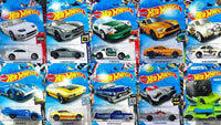 Close view of assorted packaged Hot Wheels cars