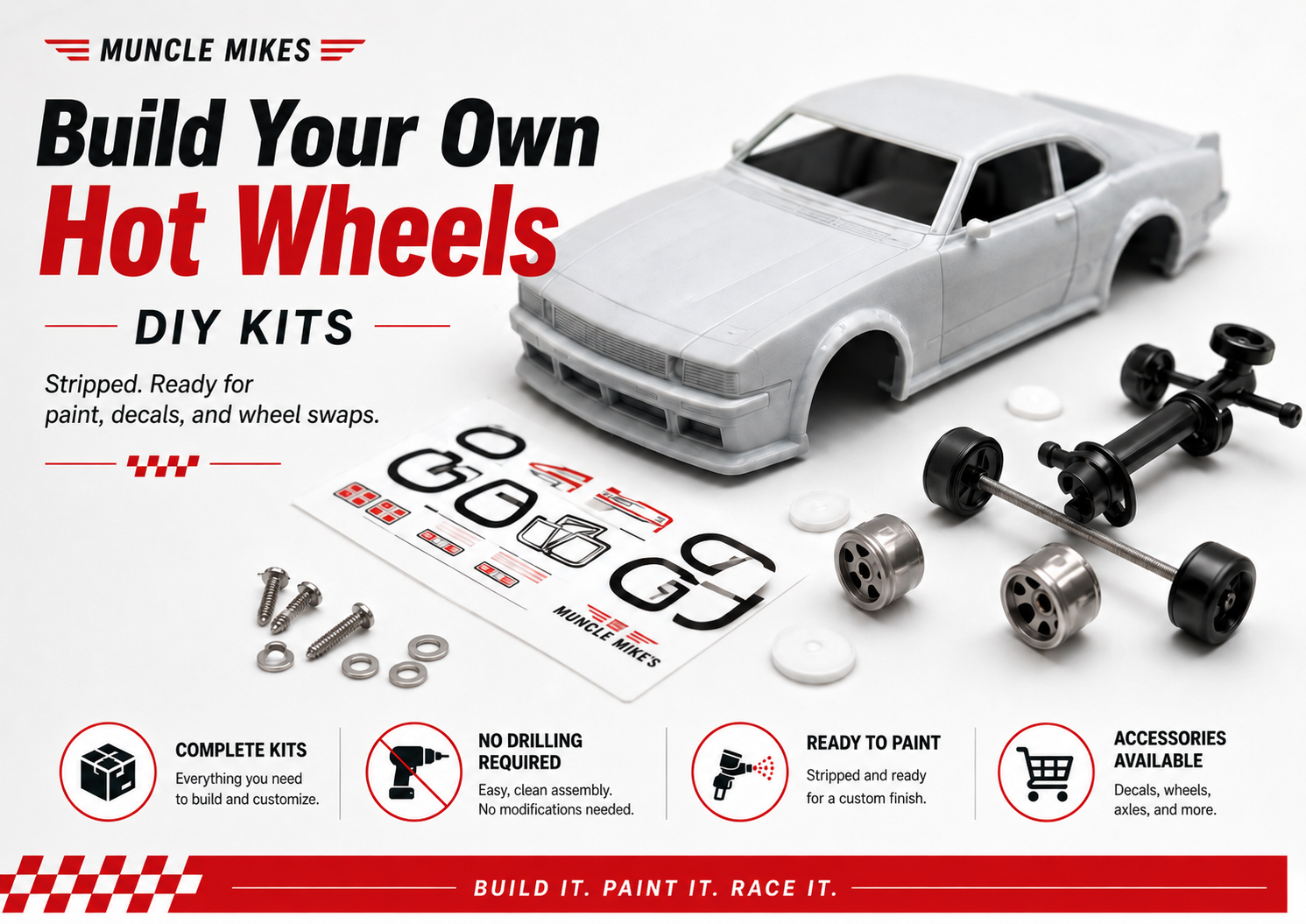 DIY builder kit with body, wheels, axles, and parts from Muncle Mikes